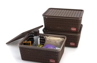 Nayasa Gloria Basket for Storage | Vegetable & Fruit Basket | Storage Box and Organiser Plastic Basket With Lid | Multipurpose Kitchen Organizer Rack | Big – Set of 3 | DarkBrown