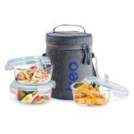Treo by Milton All Fresh Borosilicate Glass Lunch Box Set of 3, Clear, 400 ml Each with Durable Lunch Bag, Microwave & Dishwasher Safe, Leakproof Containers, Office Tiffin