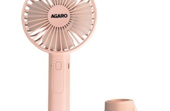 AGARO Elite Mini Fan, 4 inches, Rechargeable Lithium-Ion with 2000 mAh Battery, 3 Speed Option and Table Dock Fan for Home, Kitchen, Office Desk, High Speed, Pink