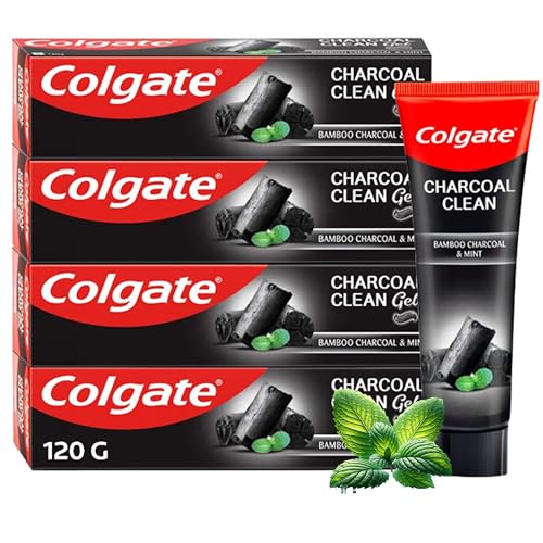 Colgate Charcoal Clean Black Gel whitening Toothpaste, 480 gm (120g x 4), Bamboo Charcoal and Wintergreen Mint for a Clean Mouth Experience