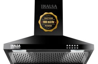 INALSA Pyramid Shape Wall Mount Kitchen Chimney 60 cm|1100 m³/hr Powerful Suction|58 dB Low Noise|Filterless Chimney|Push Button Control|Black Powder Coated Finish|5 Years Motor Warranty|Ekon 60BKFL