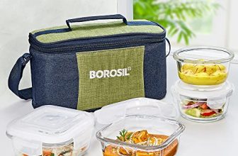 Borosil Ace Universal Lunchbox with Bag | 4pc (320ml x 2 Square + 240ml x 2 Round) Container Set | Made in India Borosilicate Glass | Microwave & Dishwasher Safe Tiffin for Office, College & School