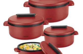Milton Micronova Gift Set Inner Stainless Steel Casserole, Set of 4 (380 ml, 775 ml, 1345 ml, 1950 ml), Red, BPA Free, Food Grade, Hot and Cold, Microwaverable Steel, Dishwasher Safe, Chapati, Roti
