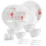 CELLO Scarlet Bliss Dazzle Series Opalware Dinner Set of 35 Pieces for Family of 6 | Bone-Ash Free & Leadfree Opal Glass, Microwave & Dishwasher Safe, Plates & Bowls Crockery Set for Dining & Gifting