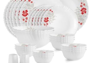 CELLO Scarlet Bliss Dazzle Series Opalware Dinner Set of 35 Pieces for Family of 6 | Bone-Ash Free & Leadfree Opal Glass, Microwave & Dishwasher Safe, Plates & Bowls Crockery Set for Dining & Gifting