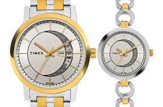 TIMEX Classics Analog Watch for Unisex with Silver-Tone Round Dial & Two Tone Stainless Steel Bracelet Band Water Resistant Unisex Wrist Watches – TW00PR230