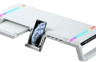 acer Ergo Multifunction Monitor & Laptop Stand Featuring RGB Lighting and a 4-Port USB Hub with Aluminum Multi Keyboard Storage Space Bar, Suitable for Both Office and Home Environments (White)