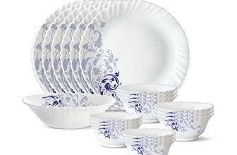 Larah by Borosil Silk Series Opalware Dinner Set | 19 Pieces for Family of 6 | Microwave & Dishwasher Safe | Bone-Ash Free | Crockery Set for Dining & Gifting | Plates & Bowls (Blue Eve)