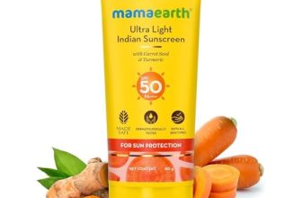 Mamaearth Ultra Light Indian Sunscreen with Carrot Seed & Turmeric | SPF 50 PA ++++ | UVA & UVB Protection | Tan Protection | No White Cast | Non-Greasy & Quick Absorbing | Super Lightweight | Suits All Skin Types | In-Vivo Tested | 80 g
