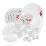 CELLO Scarlet Bliss Dazzle Series Opalware Dinner Set of 49 Pieces for Family of 6 | Bone-Ash Free & Leadfree Opal Glass, Microwave & Dishwasher Safe, Plates & Bowls Crockery Set for Dining & Gifting