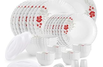CELLO Scarlet Bliss Dazzle Series Opalware Dinner Set of 49 Pieces for Family of 6 | Bone-Ash Free & Leadfree Opal Glass, Microwave & Dishwasher Safe, Plates & Bowls Crockery Set for Dining & Gifting