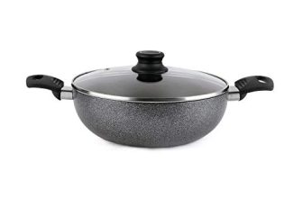 Cello Non Stick Hammered Tone Kadhai with Glass Lid 2.5 LTR, Black & Grey, Aluminium