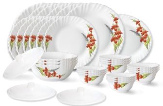 Larah by Borosil Red Iris Fluted Series Opalware Dinner Set | 31 Pieces for Family of 6 | Microwave & Dishwasher Safe | Bone-Ash Free | Crockery Set for Dining & Gifting | Plates & Bowls | White