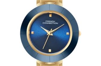 French Connection Sunray Blue Round Dial with IP Gold Stainless Steel Metal Strap Watch – for Womens FCN0136UGM