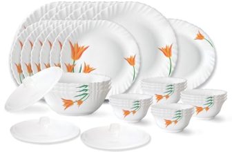 Larah by Borosil Firefly Fluted Series Opalware Dinner Set | 31 Pieces for Family of 6 | Microwave & Dishwasher Safe | Bone-Ash Free | Crockery Set for Dining & Gifting | Plates & Bowls | White
