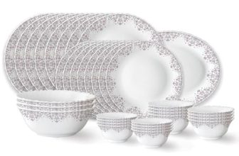 Larah by Borosil Lark Fluted Series Opalware Dinner Set | 36 Pieces for Family of 8 | Microwave & Dishwasher Safe | Bone-Ash Free | Crockery Set for Dining & Gifting | Plates & Bowls | White