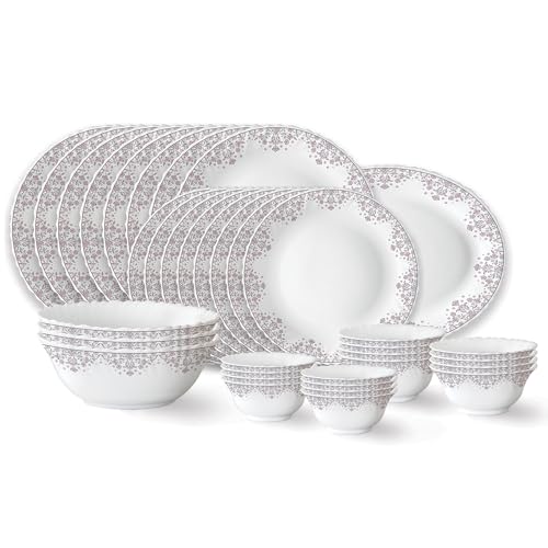 Larah by Borosil Elega Fluted Series Opalware Dinner Set | 40 Pieces for Family of 6 | Microwave & Dishwasher Safe | Bone-Ash Free | Crockery Set for Dining & Gifting | Plates & Bowls | White