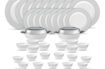 La Opala Diva Velvett Collection Opal Glass Crockery | for Family of 8 | Dinner Set 45 pcs Tudor Grey | Plates & Bowls for Dining | Microwave Safe | 100% Vegetarian | Extra Strong | Light & White