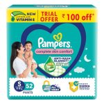 Pampers Complete Skin Comfort Pants, Anti-rash blanket, Lotion with Vitamin E & Aloe Vera, Small size baby diapers (SM) 52 Count, 4-8 kg