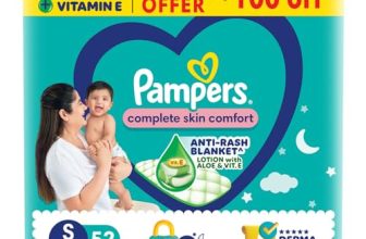 Pampers Complete Skin Comfort Pants, Anti-rash blanket, Lotion with Vitamin E & Aloe Vera, Small size baby diapers (SM) 52 Count, 4-8 kg
