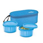 MILTON Graze Lunch Box, 2 Round Inner Steel Microwave Safe Containers 320 ml Each with Insulated Bag, Odour Proof, Tiffin for Office Men, Women, Leak-Proof Containers, Easy to Carry, Blue