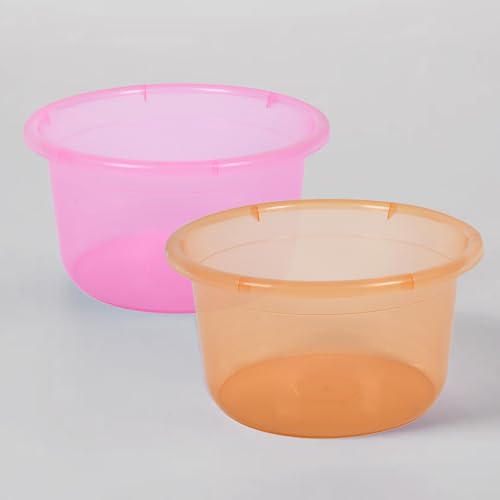 Kuber Industries Pack of 2 Bath Tub | Multipurpose Bath Tub | Tub for Bathroom-Feeding Pan-Washing Clothes | Washing Tub | Bathing Bathroom Tub | 25 LTR | Transparent | Pink & Orange