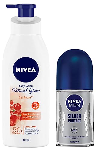 Nivea Body Lotion, Extra Whitening Cell Repair SPF 15, For All Skin Types, 400ml & Men Deodorant Roll On, Silver Protect, 50ml