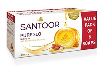 Santoor PureGlo Glycerine Soap with Almond Oil and Glycerine, 125g (Pack of 6) for Nourished Glowing Skin