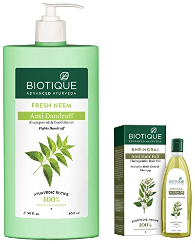 Biotique Bio Neem Margosa Anti Dandruff Shampoo and Conditioner, 650ml & Biotique Bio Bhringraj Therapeutic Hair Oil for Falling Hair Intensive Hair Regrowth Treatment, 200ml
