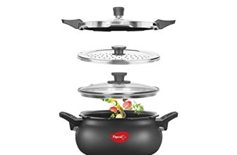 Pigeon By Stovekraft All in One Super Cooker Aluminium with Outer Lid Induction and Gas Stove Compatible 5 Litre Capacity for Healthy Cooking (Black)