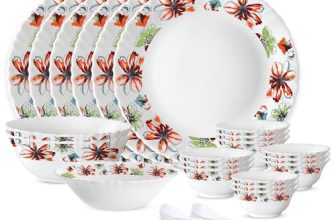 Larah by Borosil Silk Series Bali Opalware Dinner Set | 27 Pieces for Family of 6 | Microwave & Dishwasher Safe | Bone-Ash Free | Crockery Set for Dining & Gifting | Plates & Bowls | Floral Pattern