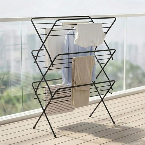 Lifelong Foldable Cloth Drying Stand for Balcony | 3-Tier Heavy Duty Laundry Rack for Indoor & Outdoor | Portable Standing Clothes Dryer with Anti-Slip Feet | Space Saving Steel Rack for Home Use