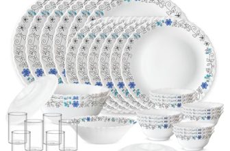 Larah by Borosil Silk Series Blue Iris Opalware Dinner Set with Vision Glass | 35pcs for Family of 6 | Microwave & Dishwasher Safe | Bone-Ash Free | Crockery for Dining & Gifting | White, Plate & Bowl