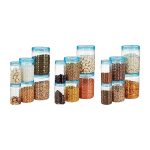 Amazon Brand – Solimo Checkered Jar Container, Set of 18 (6 pcs x 250 ml Each, 6 pcs x 500 ml Each, 6 pcs x 1000 ml Each), Blue | Kitchen Organiser | BPA Free | Stackable