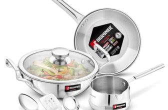 Bergner TriPro 7 Pcs Triply Stainless Steel Induction Bottom Cookware Set, 22cm (2L) Kadai, 22cm (1L) Frypan with Dome Shaped Common Glass Lid, 12cm (0.9L) Coffee Warmer, Ladle, Serving Spoon, Turner