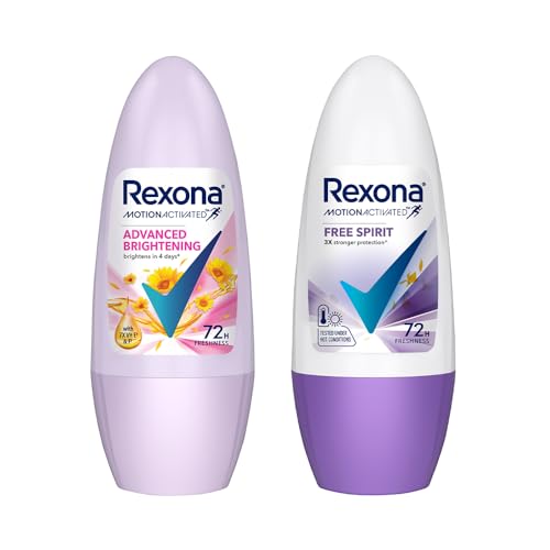 Rexona Roll-On Deodorant | Advanced Brightening + Free Spirit Motion Activated Deo for Women | up to 72Hr odour protection | 45 ML each