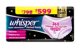 Whisper Super Absorbent Period Panty, 12 M-L Pants, 360 Degree Leakage Protection* for Heavy Flow, Panty like Fit, Full back Coverage, Absorbs Heavy Gushes, Silky Soft, Comfortable Feel