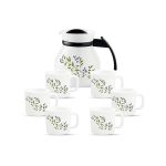 La Opala Novo Collection Opal Glass Crockery | Coffee Set 7 pcs | Coffee Mug with Coffee Pot, Lush Greens | for Tea & Coffee | Microwave Safe | 100% Vegetarian | Extra Strong | Light & White