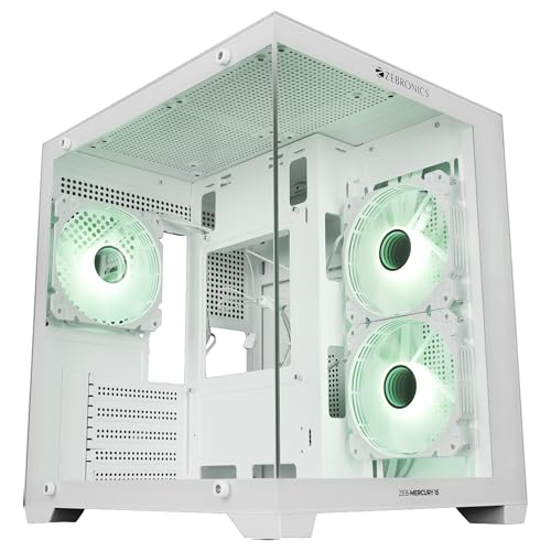 Zebronics Cube Gaming PC Cabinet, 240mm Radiator Support, mATX/ITX Compatibility, 270° Tempered Glass, Magnetic Dust Filter, Bottom PSU Mount, Clean Dual Chamber Layout (Mercury 15, White)