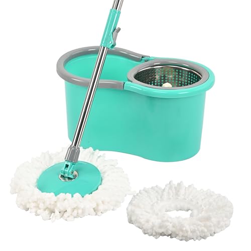 Kuber Industries Plastic Spin Mop with Stainless Steel Wringer | Big Bucket Moppers for Cleaning Floor, 2 Refills | 360° Floor Cleaner Mopping Set for Home & Office | Pocha Stick – (Mint Green)