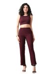 UNIfringe Women’s Maroon Ribbed Sleeveless Co-ord Set | Stylish Crop Top & High-Waist Pants (Maroon,S)