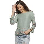 Campus Sutra Women’s Sage Green Botanical Garden Top for Casual Wear | Round Neck | Quarter Sleeve | Pull On Closure | Polyester Top Crafted with Comfort Fit for Everyday Wear