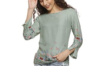 Campus Sutra Women’s Sage Green Botanical Garden Top for Casual Wear | Round Neck | Quarter Sleeve | Pull On Closure | Polyester Top Crafted with Comfort Fit for Everyday Wear