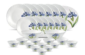 La Opala Diva Classique Collection Opal Glass Crockery | for Family of 6 | Dinner Set 27 pcs Royal Iris | Plates & Bowls for Dining | Microwave Safe | 100% Vegetarian | Extra Strong | White