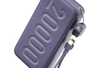 Ambrane 20000mAh Powerbank with in-Build Type C Cable, 22.5W Fast Charging, USB & Type C Output, Power Delivery, Quick Charge for iPhone, Android Mobile & Tablets, Earbuds, (Stylo N20, Purple)