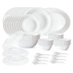 Larah by Borosil Plain White Silk Series Opalware Dinner Set | 47 Pieces for Family of 8 | Microwave & Dishwasher Safe | Bone-Ash Free | Crockery Set for Dining & Gifting | Plates & Bowls | Snow