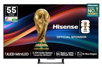 Hisense 139 cm (55 Inches) 4K QLED Mini LED Smart TV | 900 NITS Peak Brightness | 144Hz Game Mode | Dolby Vision IQ & Dolby Atmos | 2.1 CH 40W Speakers (Built-in Subwoofer) | VIDAA OS | 55U7Q (Black)
