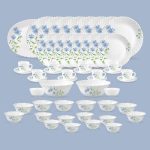 La Opala Diva Classique Collection Opal Glass Crockery | for Family of 8 | Dinner Set 53 pcs Blue Daisy | Plates, Bowls & Cups for Dining | Microwave Safe | 100% Vegetarian | Extra Strong | White