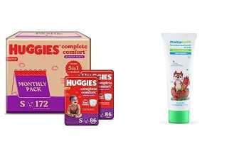 Huggies Complete Comfort Wonder Pants, Small (S) Combo Pack of 2, 86 count Per Pack, (172 count) & Mamaearth 100% Natural Berry Blast Kids Toothpaste, Oral Care – 50 gm