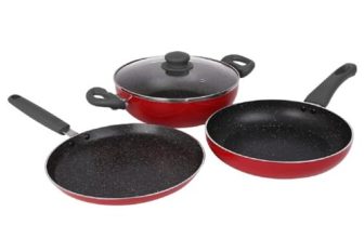 Prestige Omega Granite Non-Stick 3 Pc Cookware Set with Glass Lid | 5-Layer Coating | Gas & Induction Compatible | Omni Tawa 25cm | Fry Pan 24cm | Kadai 24cm | Crimson Red |2Y Warranty |ISI Certified